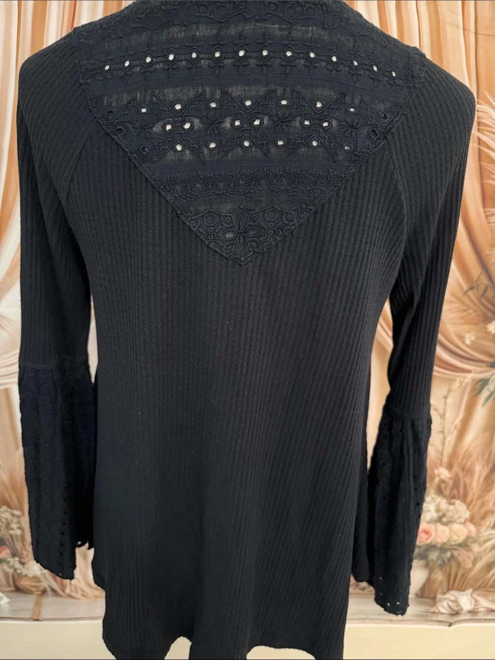 Free People Navy Blue Ribbed V-Neck Long Sleeve Top with Lace Insets